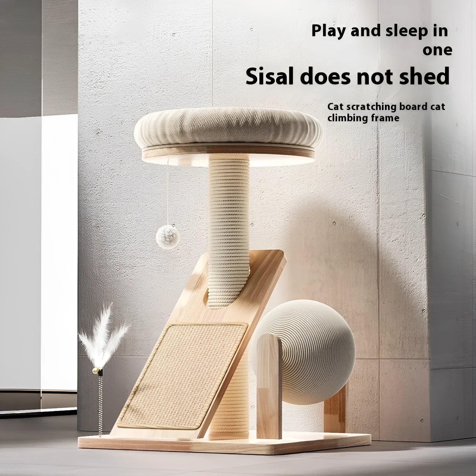 Small cat climbing frame with sisal scratch board in jute colour