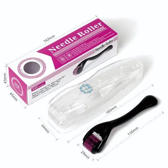 Titanium derma roller with 540 needles, shown in black and purple, with size options from 0.2mm to 1.0mm.