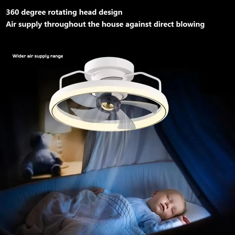 Modern ceiling fan with integrated light showing 500mm diameter design with PC blades and acrylic shade