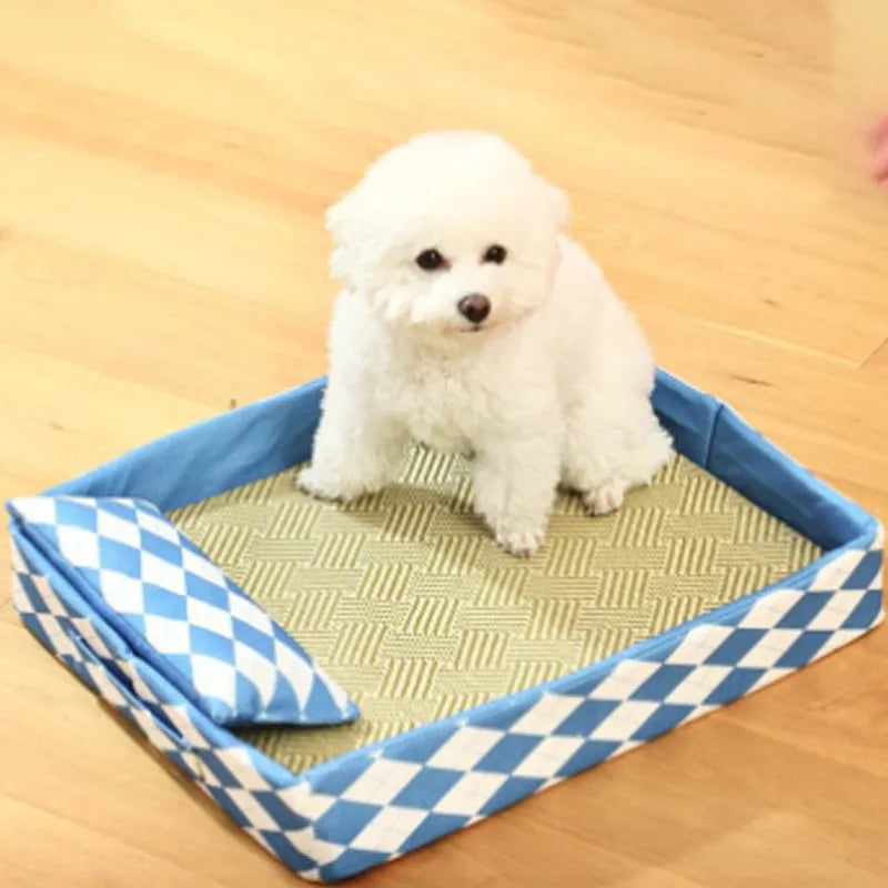 Blue rattan woven cat litter mat and bed placed next to a litter tray.
