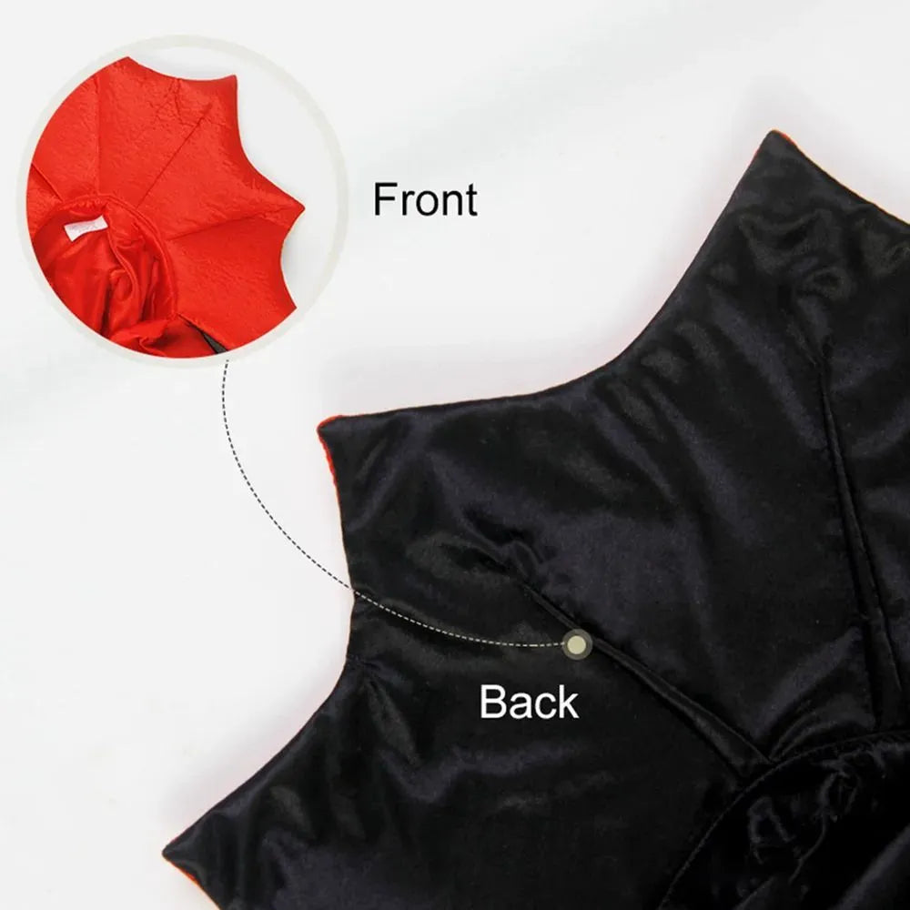 Halloween vampire cloak costume for small pets on mannequin showing kawaii design elements
