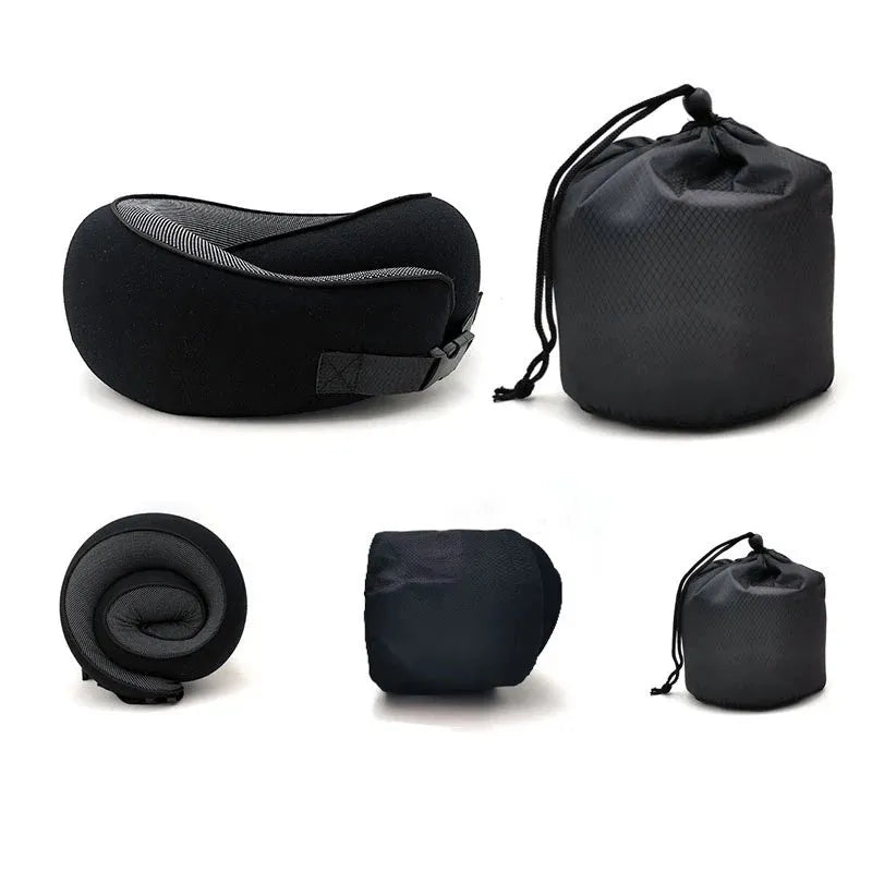 U-shaped navy blue travel neck pillow with memory foam, shown rolled up next to its carry bag.