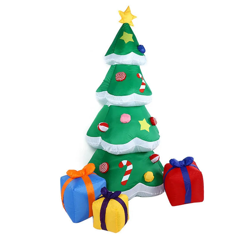 Outdoor Christmas inflatable decoration with LED lights showing Santa, snowman, and tree designs