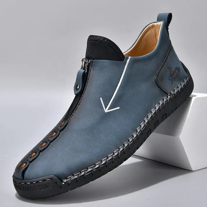 Men's black zip-up casual Martin boots with round toe and hand-stitched rubber sole