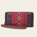 Bohemian striped canvas RFID wallet with a wind belt closure shown in beige.