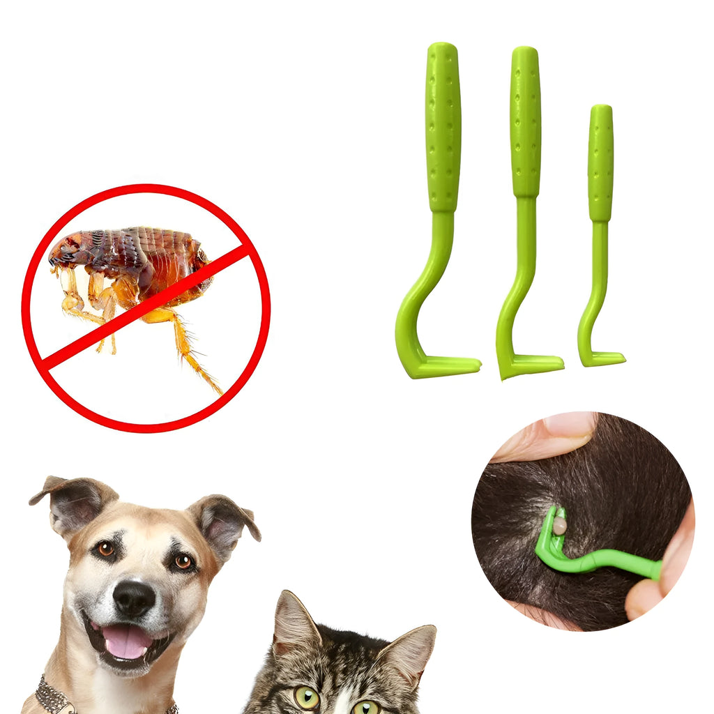 Three blue plastic tick removal hook tools for dogs and cats on a white background.
