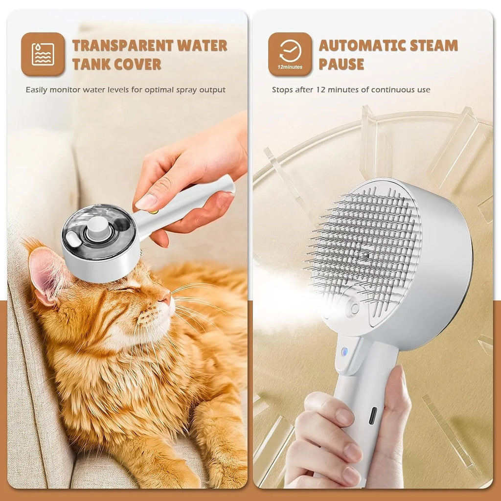 Pink and white cat steam grooming brush with mist spray function and stainless steel comb.