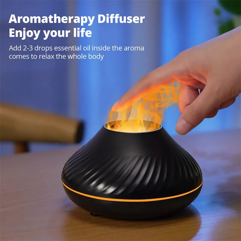 Volcanic flame design aroma diffuser with colour-changing LED light and water mist emission