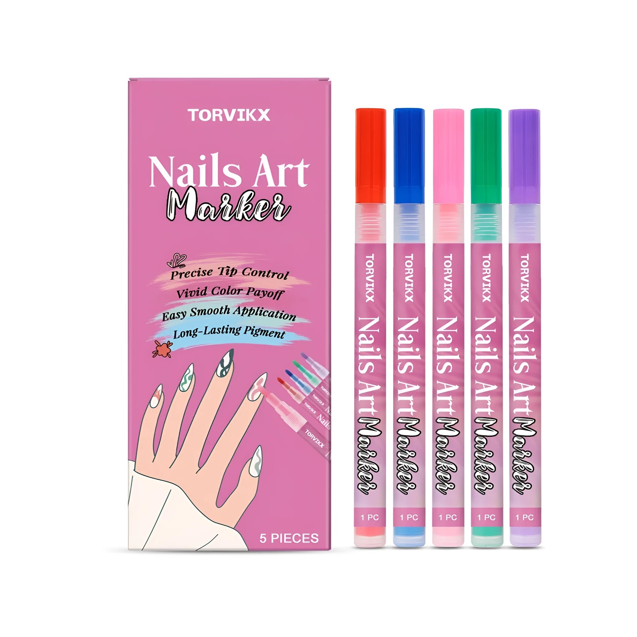 Five manicure art graffiti pens in red, blue, powder, violet, and green colours for nail decoration