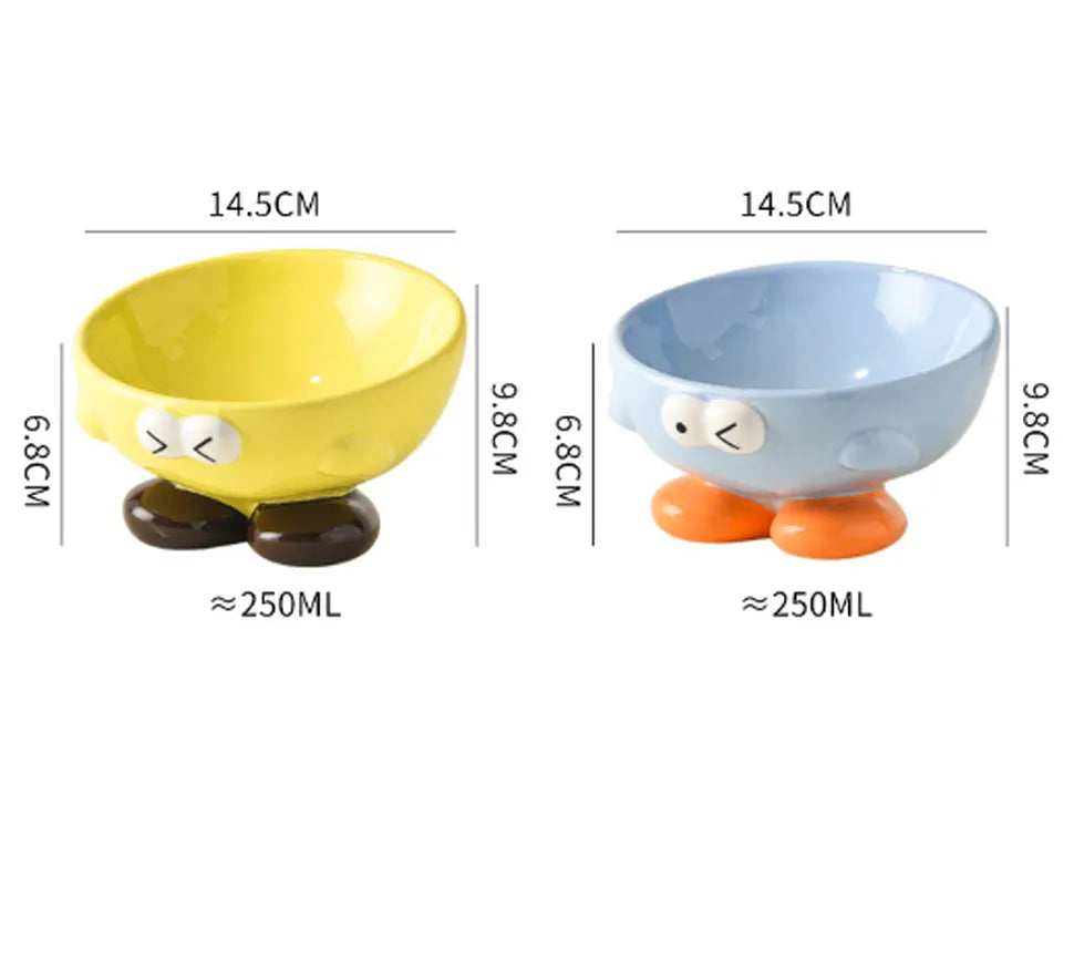 Blue oblique tall ceramic pet bowl with a cute expression design for cats and dogs.