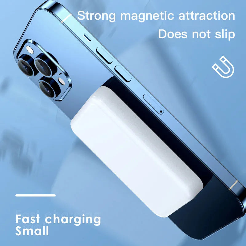 Pink magnetic wireless power bank showing 20000mAh capacity and 20W output on a table.