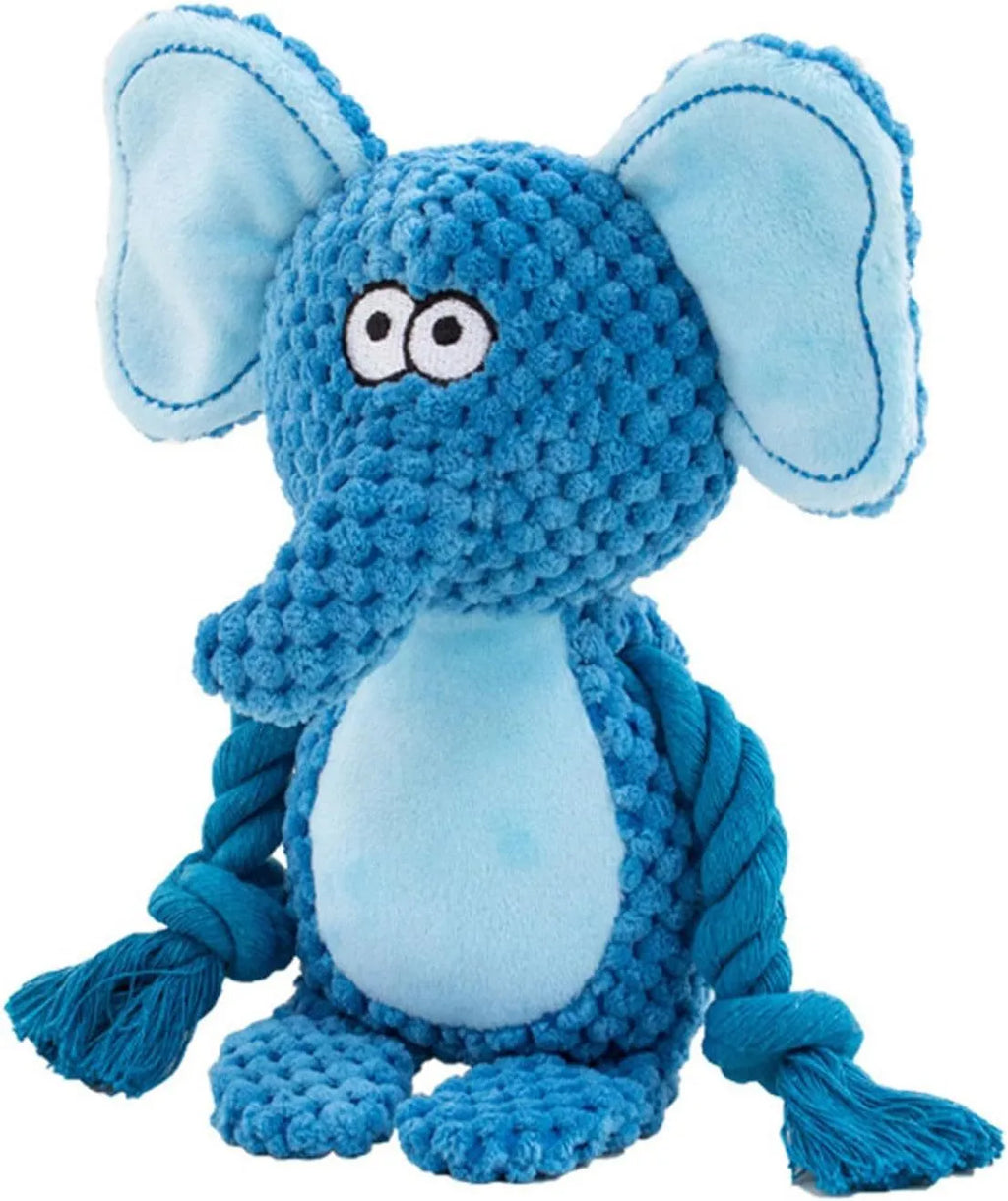 Soft plush dog toy with cotton rope, available as elephant, fox, monkey, pig, or rabbit, for small medium dogs.