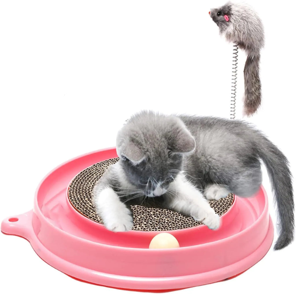 Blue interactive cat scratcher with ball track and round corrugated cardboard scratch pad