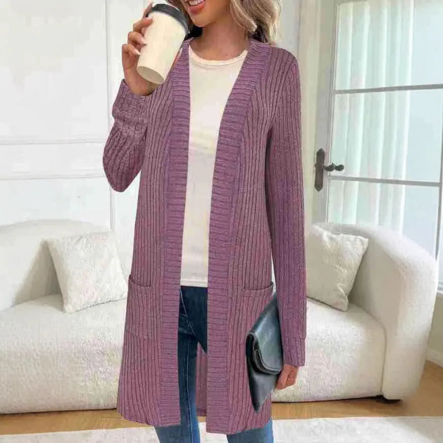 Long sleeve loose fit knitted cardigan jacket with pockets in black, plus sizes 1XL to 5XL.