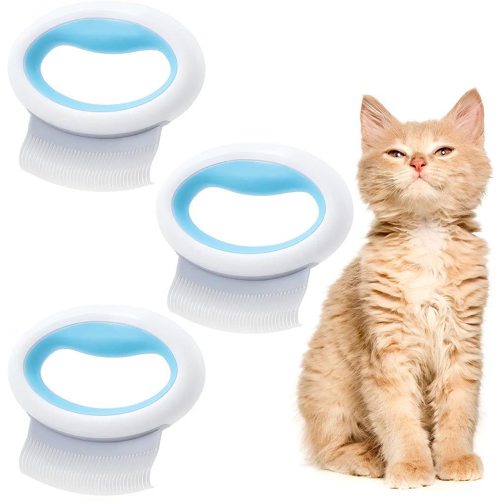 Blue pet deshedding and dematting comb with soft teeth and ergonomic handle.