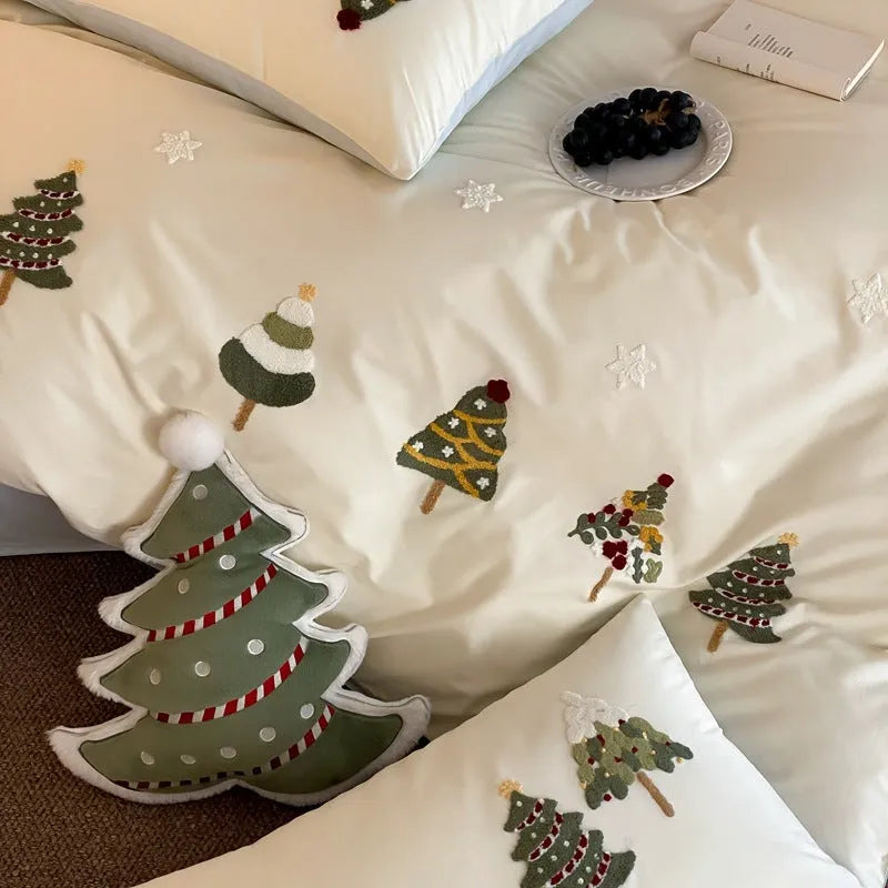 Christmas tree towel embroidery pure cotton bed linen four-piece set with plants and flowers pattern
