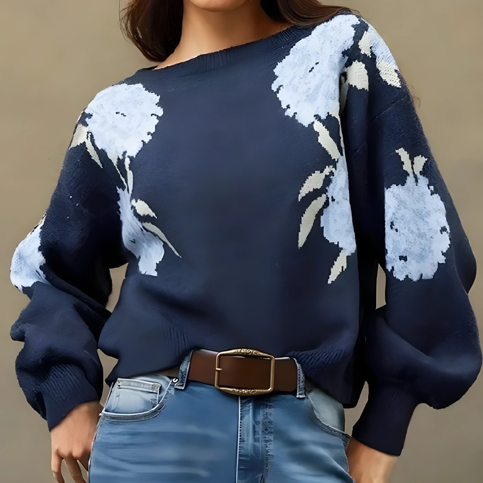 Sapphire blue women's pullover with floral jacquard pattern and off-neck design