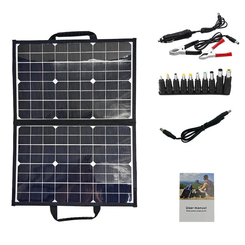 Black folding bag solar panel charger showing 40W monocrystalline design for outdoor use