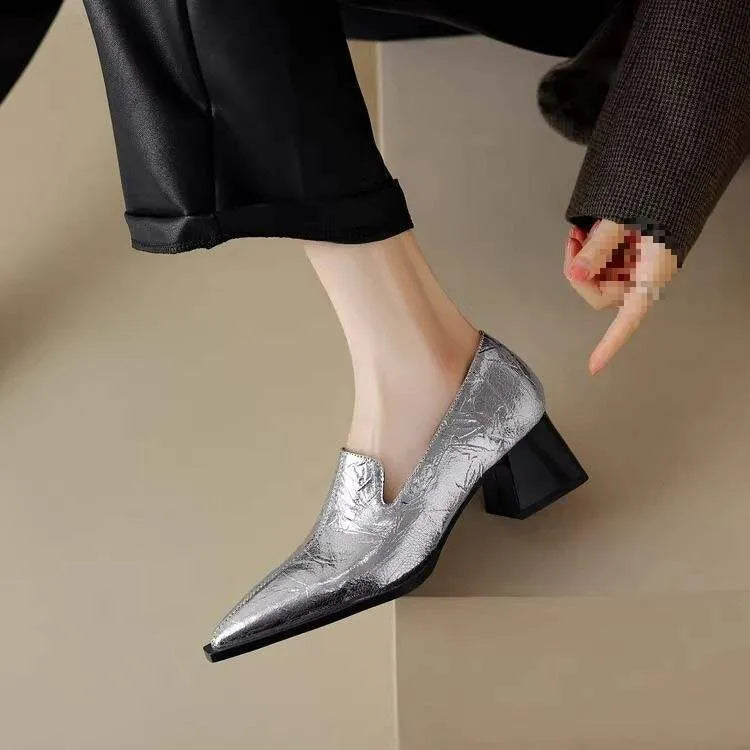 Crack pointed deep mouth high heels women retro solid colour kitten heel shoes with rubber sole