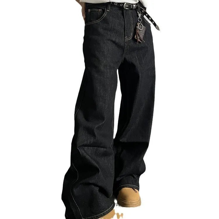 Black loose wide-leg straight-leg jeans with retro style and mid-waist zip closure