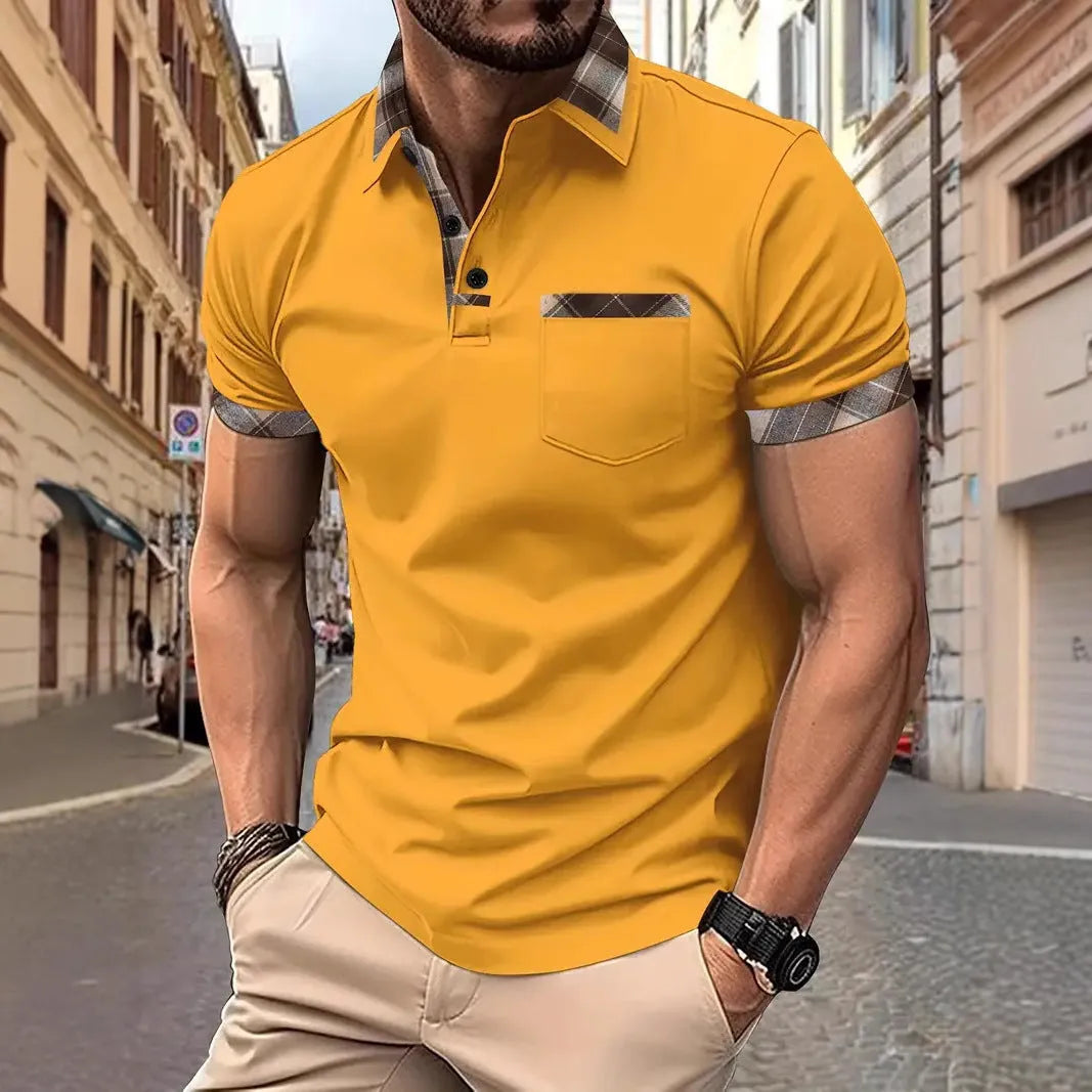 Men's short sleeve plaid colourblock t-shirt with a decorative zipper on the front.