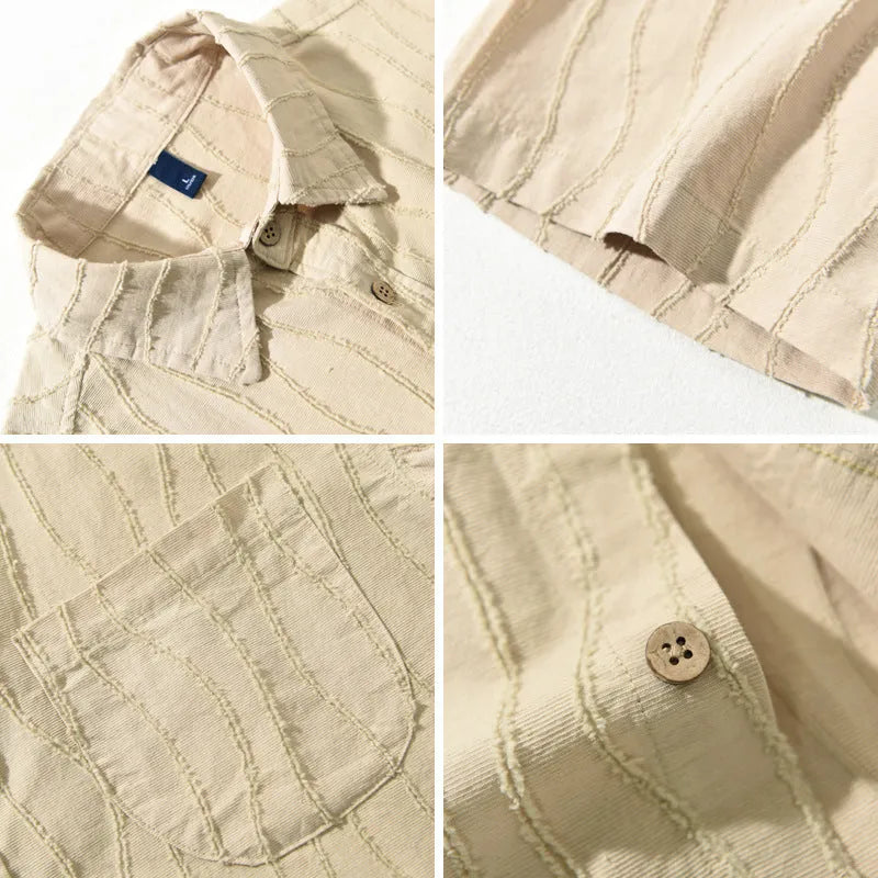 Men's apricot pure cotton short sleeve casual shirt with loose fit on a hanger.