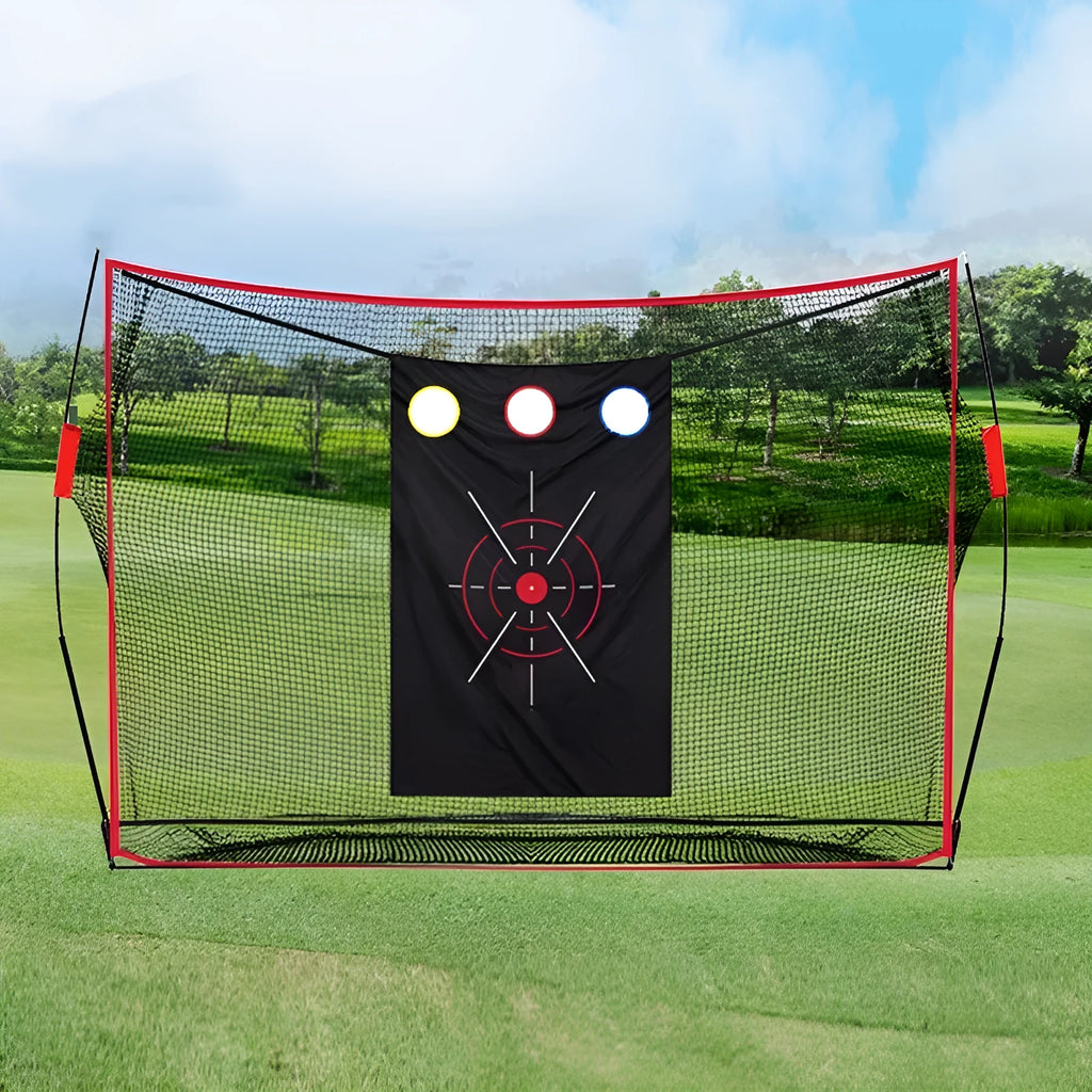 Golf training net with swing wedge on 30x60 cm straw mat including practice balls and accessories