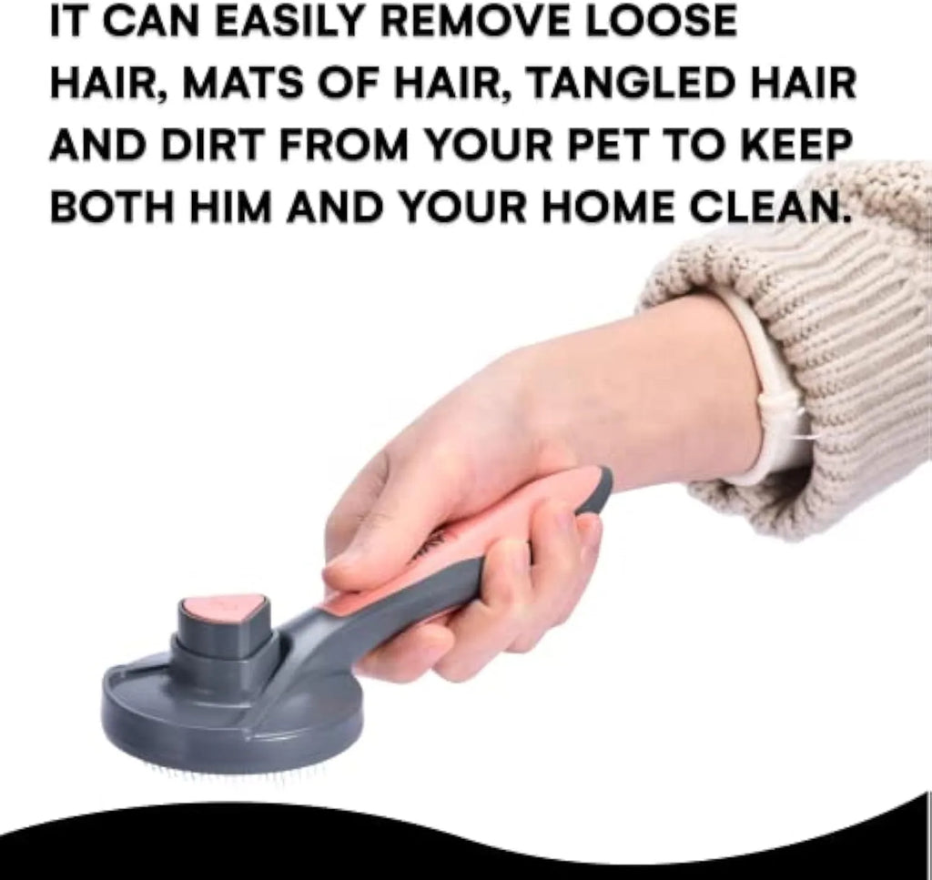 Self-cleaning slicker brush for pet grooming with grey handle and bristles