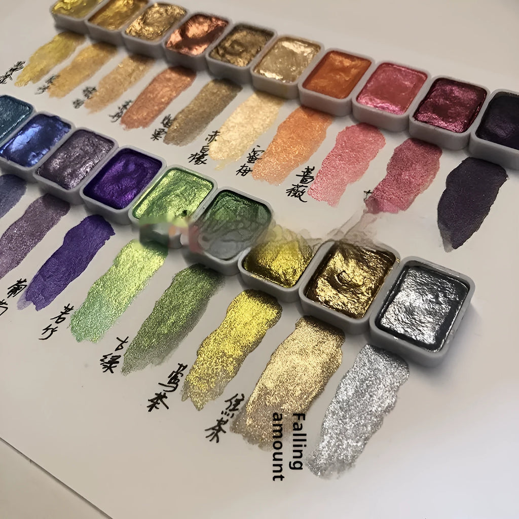 Traditional Chinese painting mineral pearlescent watercolour set with tubes of red, white, gold, warm, and cold colours