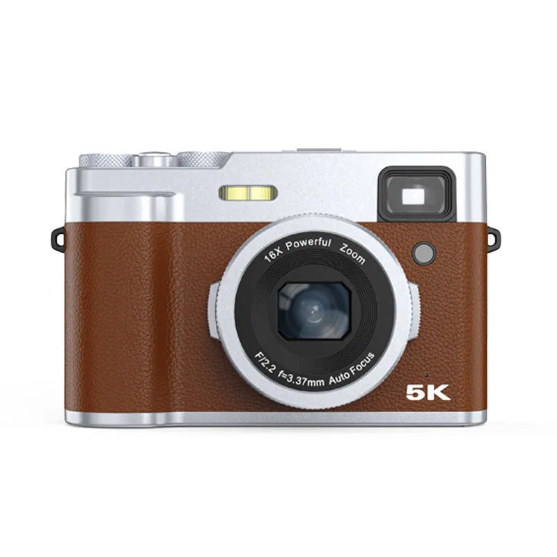 Black 5K digital camera with dual lenses and an optical viewfinder on a 2.88-inch screen.