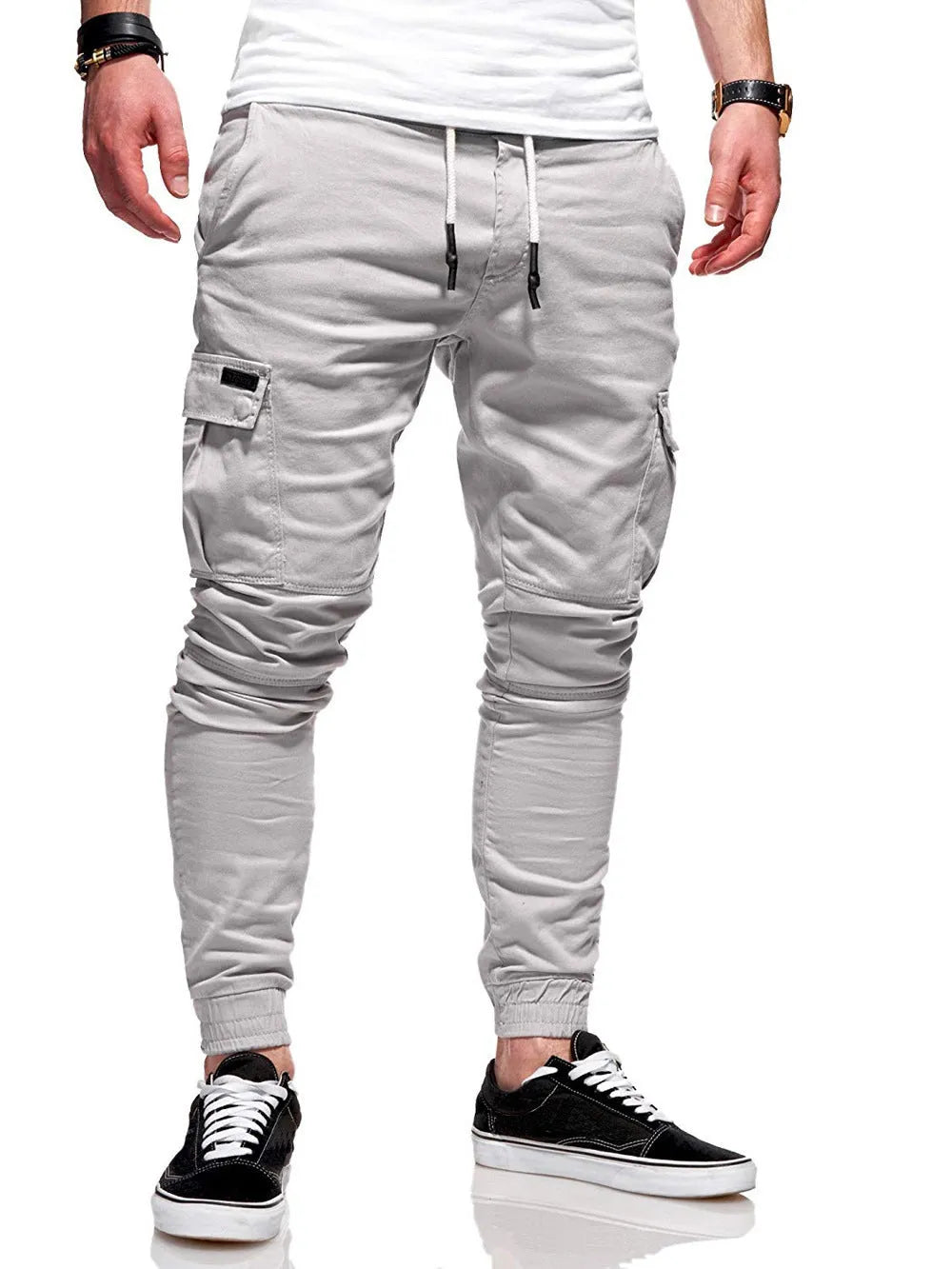 Men's light blue polyester casual trousers with elastic waistband and straight-leg loose fit