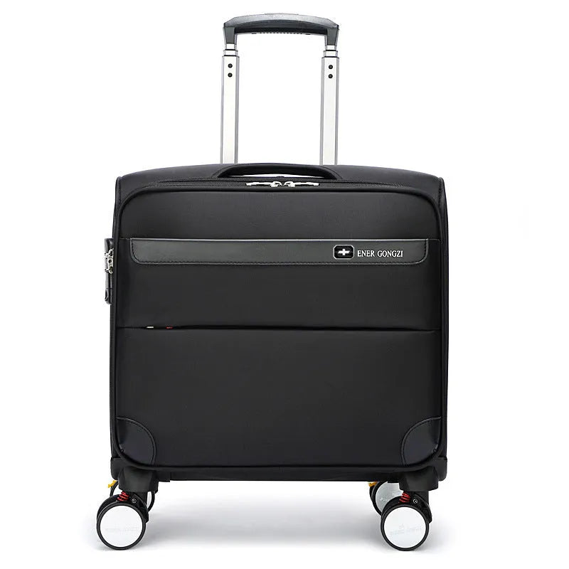 Black 18 inch Oxford cloth business suitcase with telescopic handle and wheels.