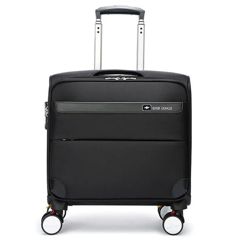 Black 18 inch Oxford cloth business suitcase with telescopic handle and wheels.