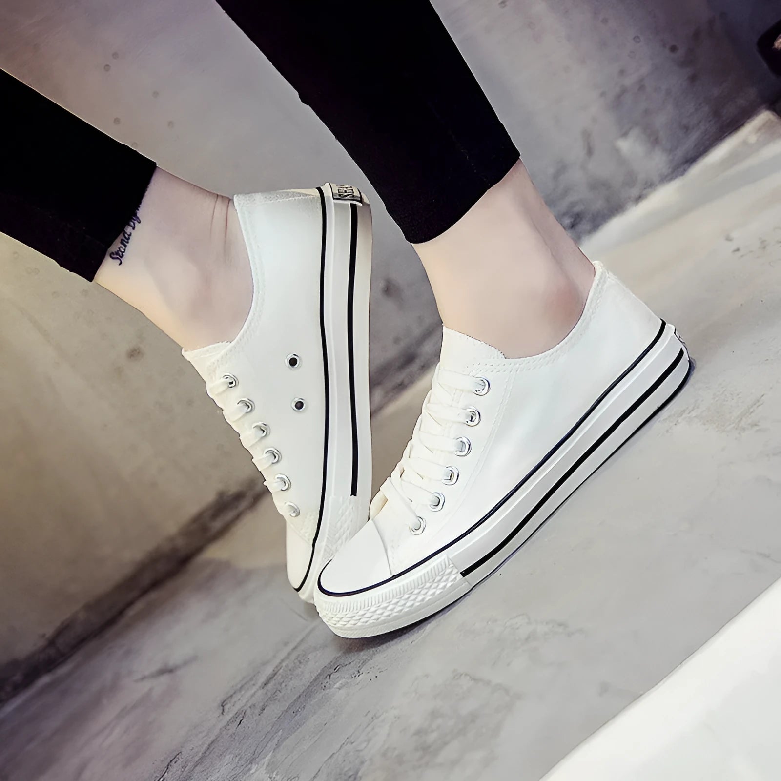 Women's solid colour canvas casual shoes shown in black, white black, white red, and all black.