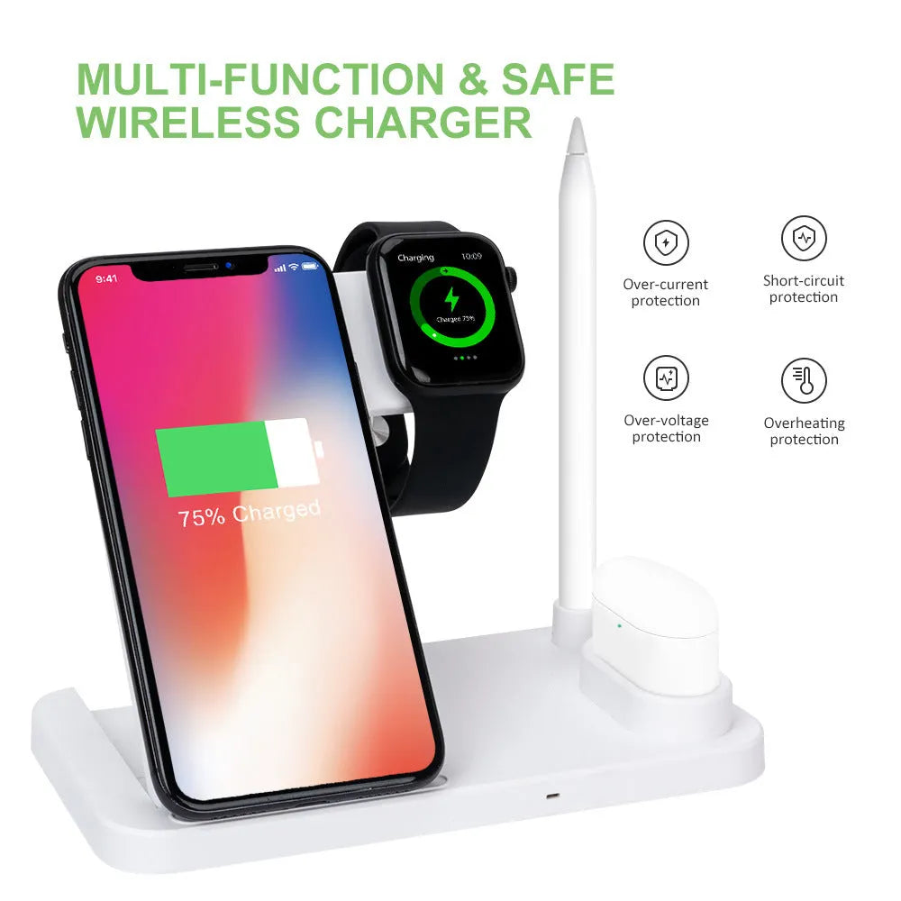 Black foldable 4-in-1 wireless charger showing MagSafe spot for iPhone and Apple Pencil charger, with EU UK US plug options.