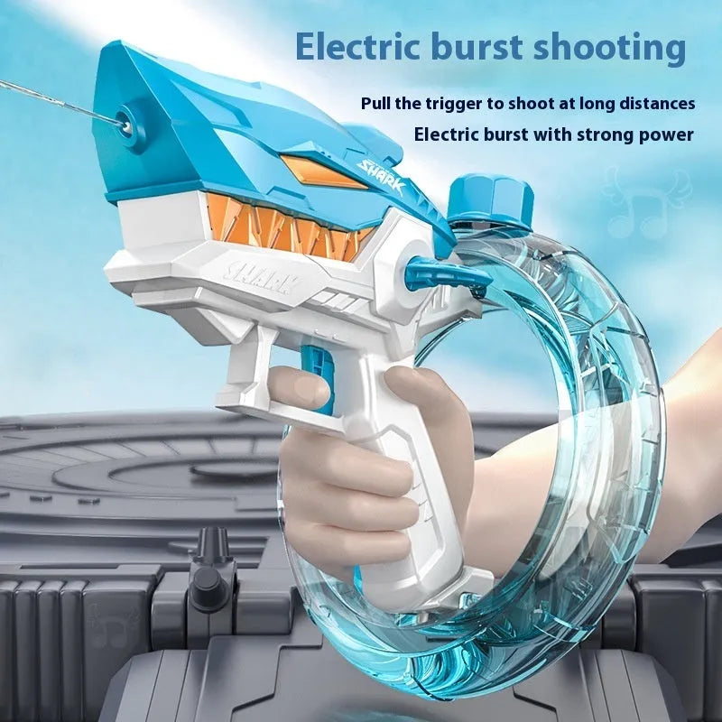 Blue Shark electric water gun toy with large water tank and USB charging port