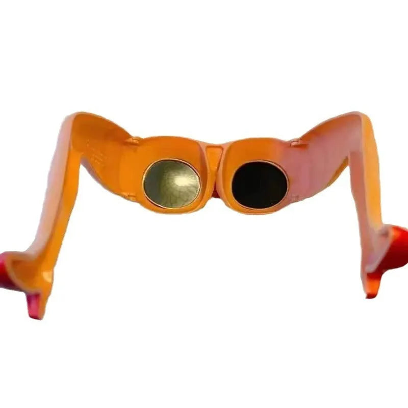 Orange plastic sunglasses with a unique leg and hip personality design.