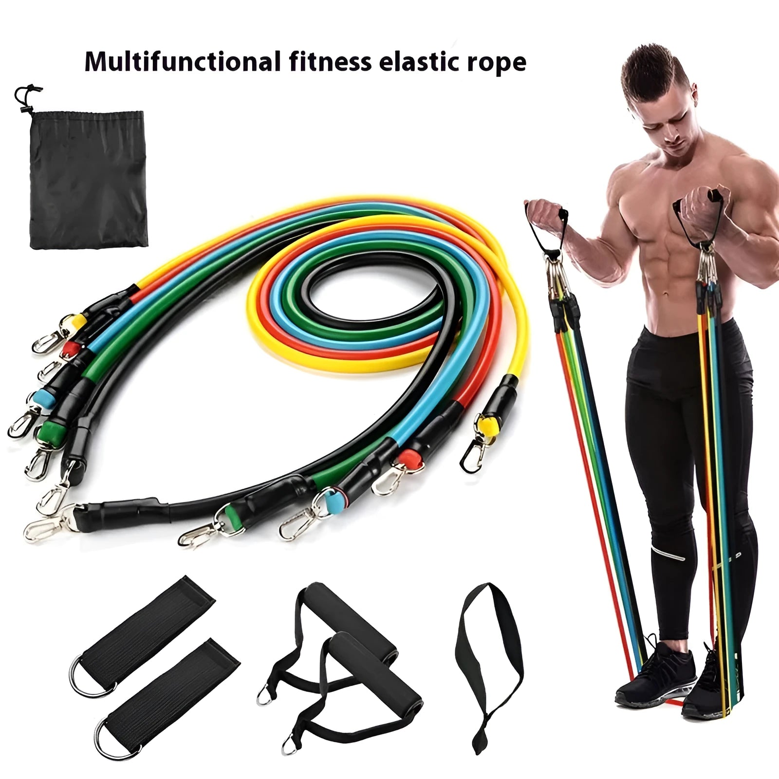Multi-functional door sports 11-piece fitness set with pulling rope, housed in cloth bag packaging.
