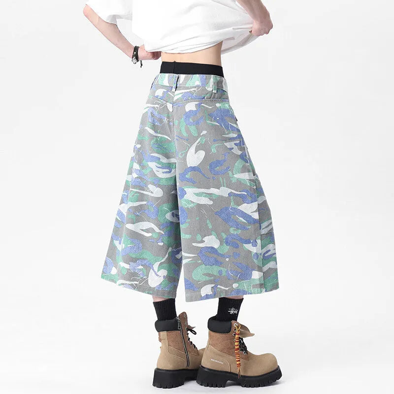 Denim camouflage cropped work trousers with straight leg cut and zipper fly