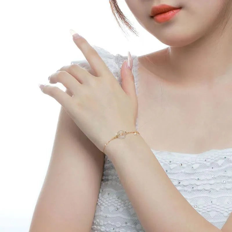 Silver gold electroplated ladies bracelet with starry sky pattern and white chalcedony stone centrepiece