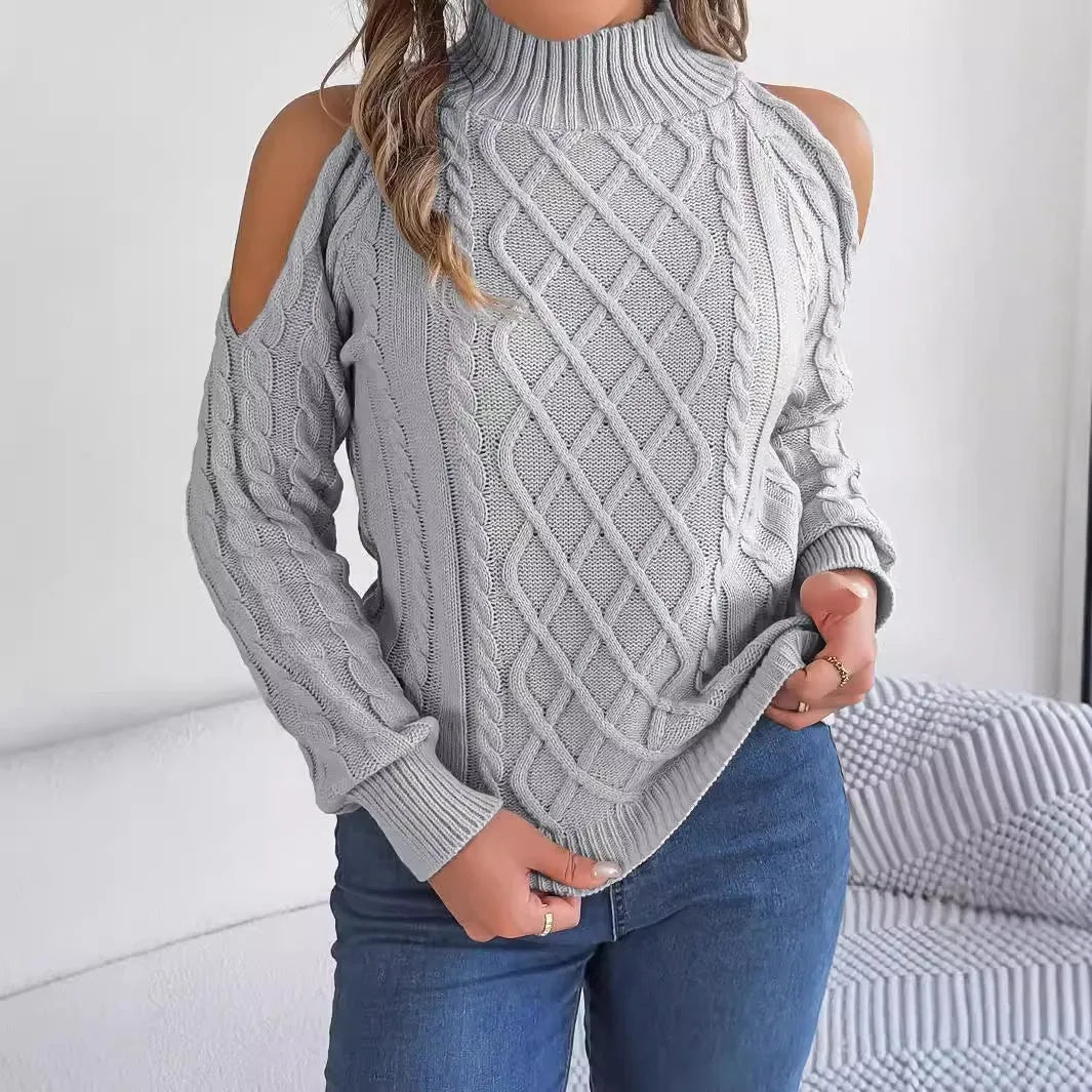 Women's strapless twist pattern sweater with half-high collar and lantern sleeves