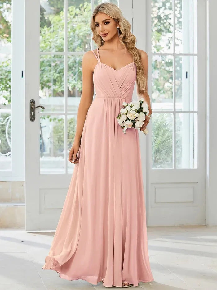 Women's sleeveless A-line maxi dress with pleated long skirt in polyester fabric
