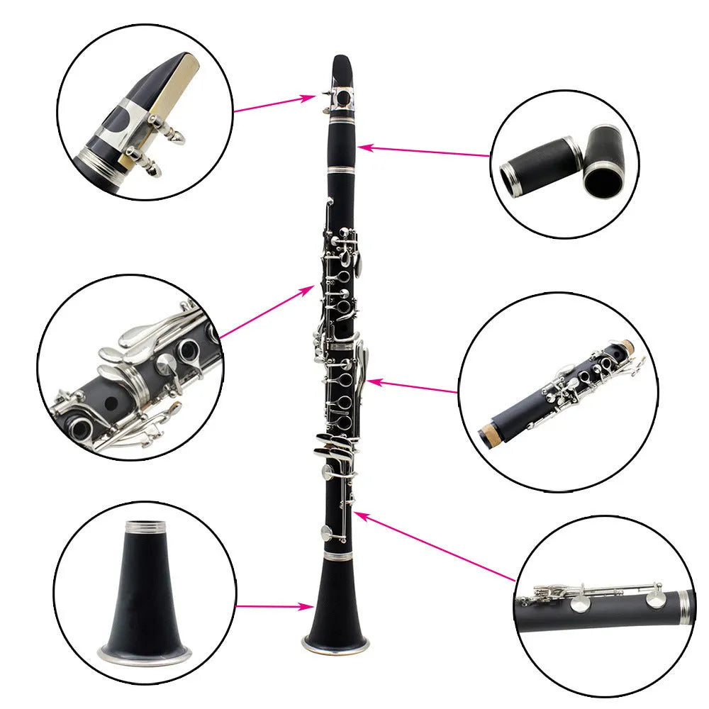 Black bakelite beginner clarinet with nickel-plated 17 keys and a included instrument bag.