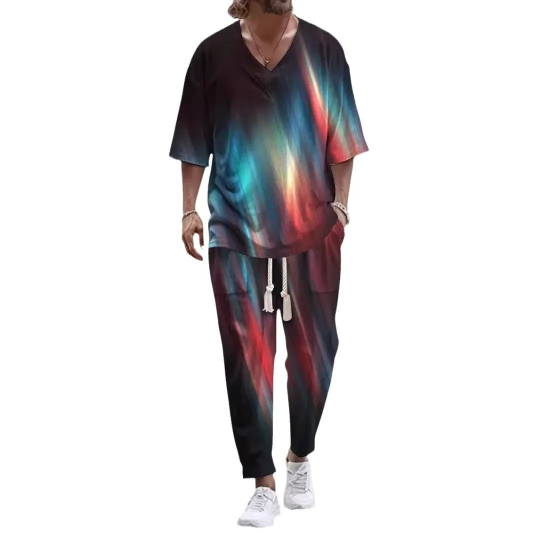 A women's polyester trousers suit set with a V-neck cropped sleeve jacket and matching trousers.