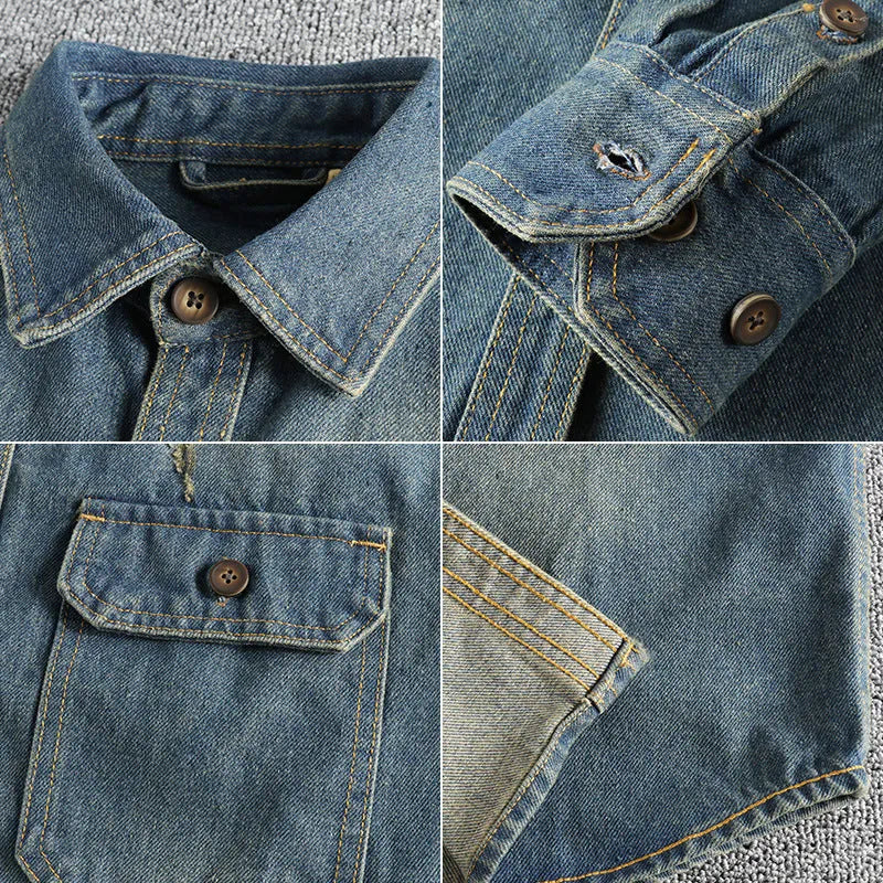 Men's light blue vintage washed denim shirt with long sleeves and loose cardigan fit