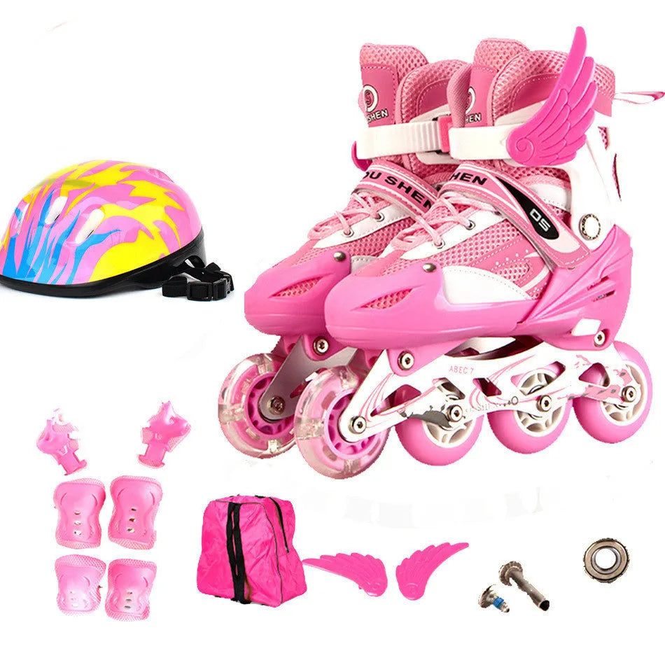 Children's adjustable inline skates in various colours with aluminium frame, foam wheels, helmet, and protective gear set.