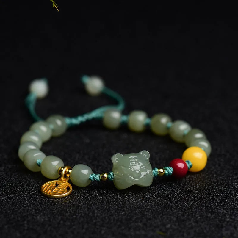 Natural Hetian Jade bracelet with cinnabar and beeswax beads, animal zodiac design