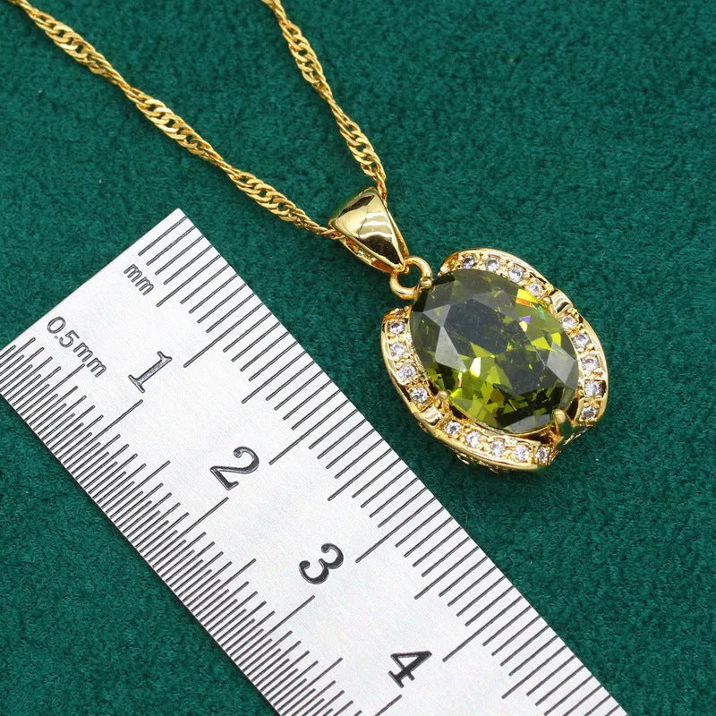 Women's copper zircon jewellery set with snake bone chain necklace, matching earrings and ring in olive green or red
