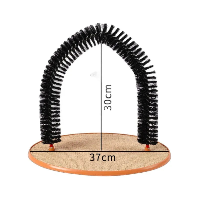 Black arch-shaped cat scratching post with grooming brush surface and attached plush mouse toy