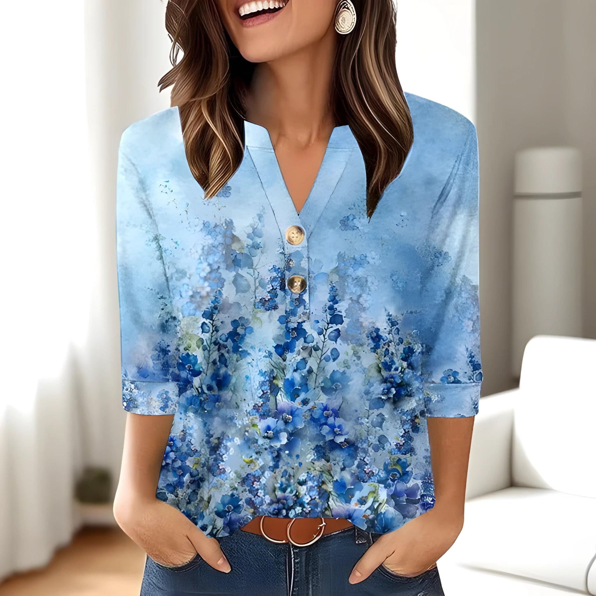 Loose fit women's V-neck T-shirt with a colourful 3D printed pattern on the front.